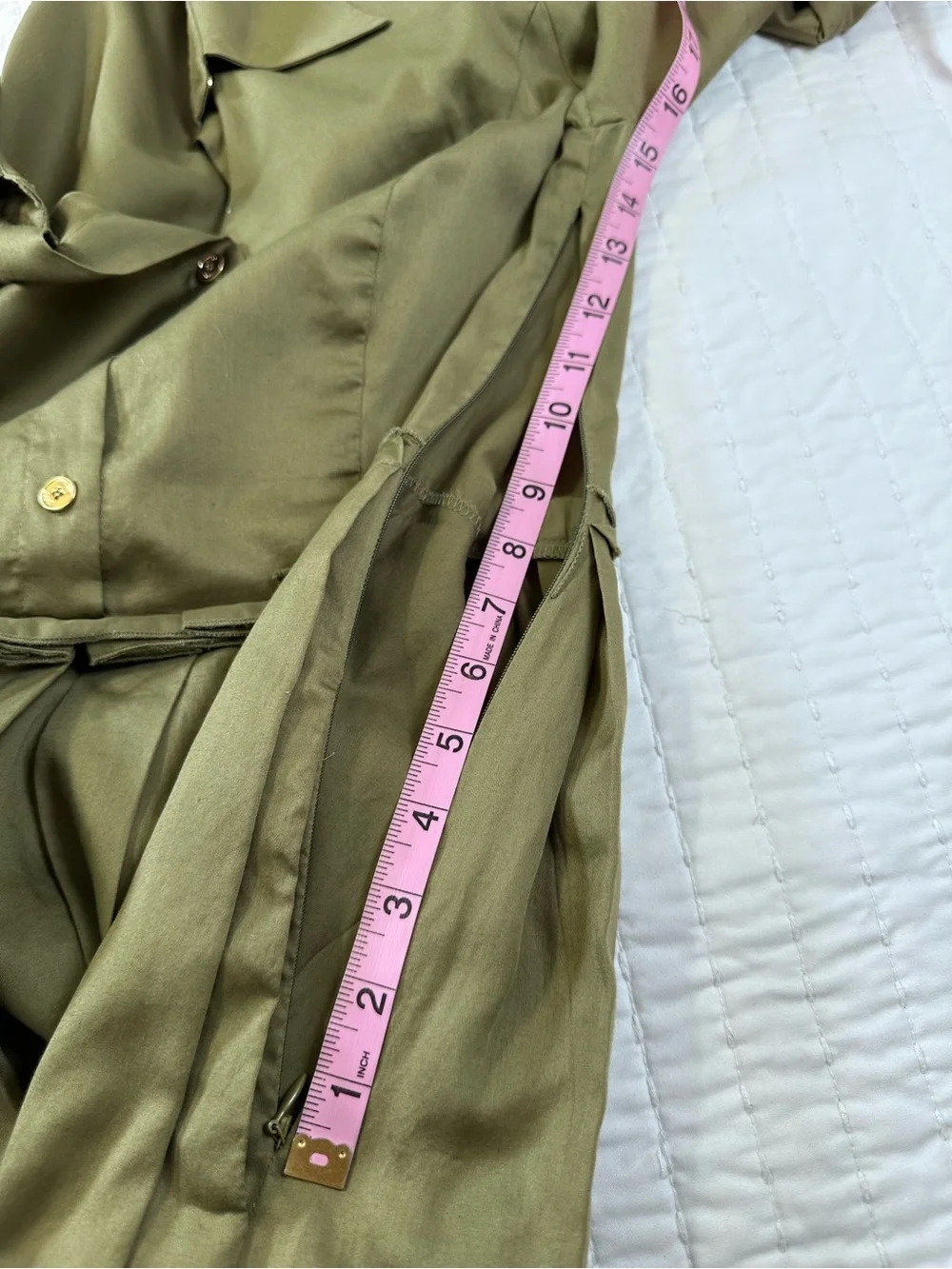 Ellen Tracy 100% Cotton Green Olive  Dress with Pleated Midi Skirt Gold Button